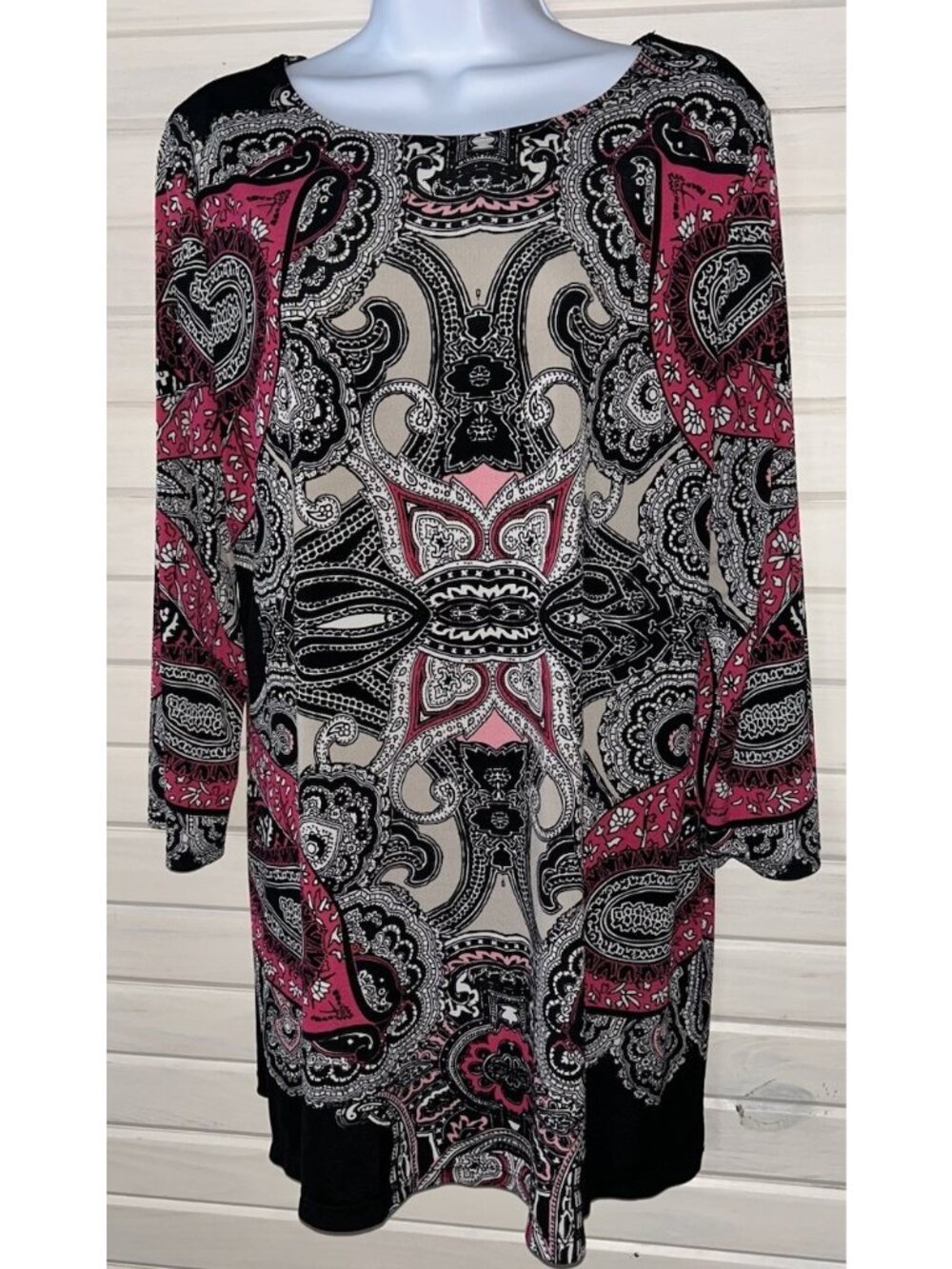 ALFANI Sz PETITE LARGE PL Black Pink White Paisley Blouse Liquid Knit Tunic EUC